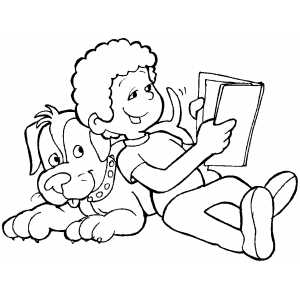 Boy Reading Book Lying On His Dog Coloring Sheet 