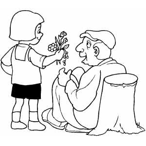 Girl Giving Flowers To Old Man Coloring Sheet 