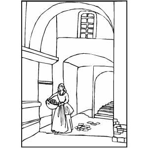 Woman With Basket In City Coloring Sheet 