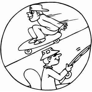 Skateboarding Near Fishing Man Coloring Sheet 