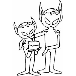 Space Aliens With Cake Coloring Sheet 