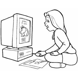 Girl Working On Computer Coloring Sheet 