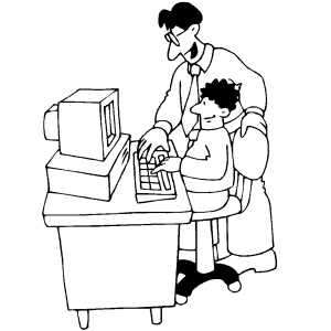 Teacher And Student Working On Computer Coloring Sheet 