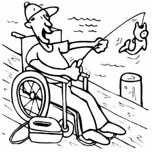 Fishing On Wheelchair Coloring Sheet 